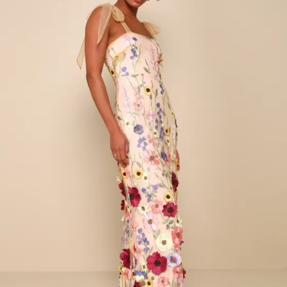 3D Floral Embroidered Blush Tie-Strap Maxi Dress